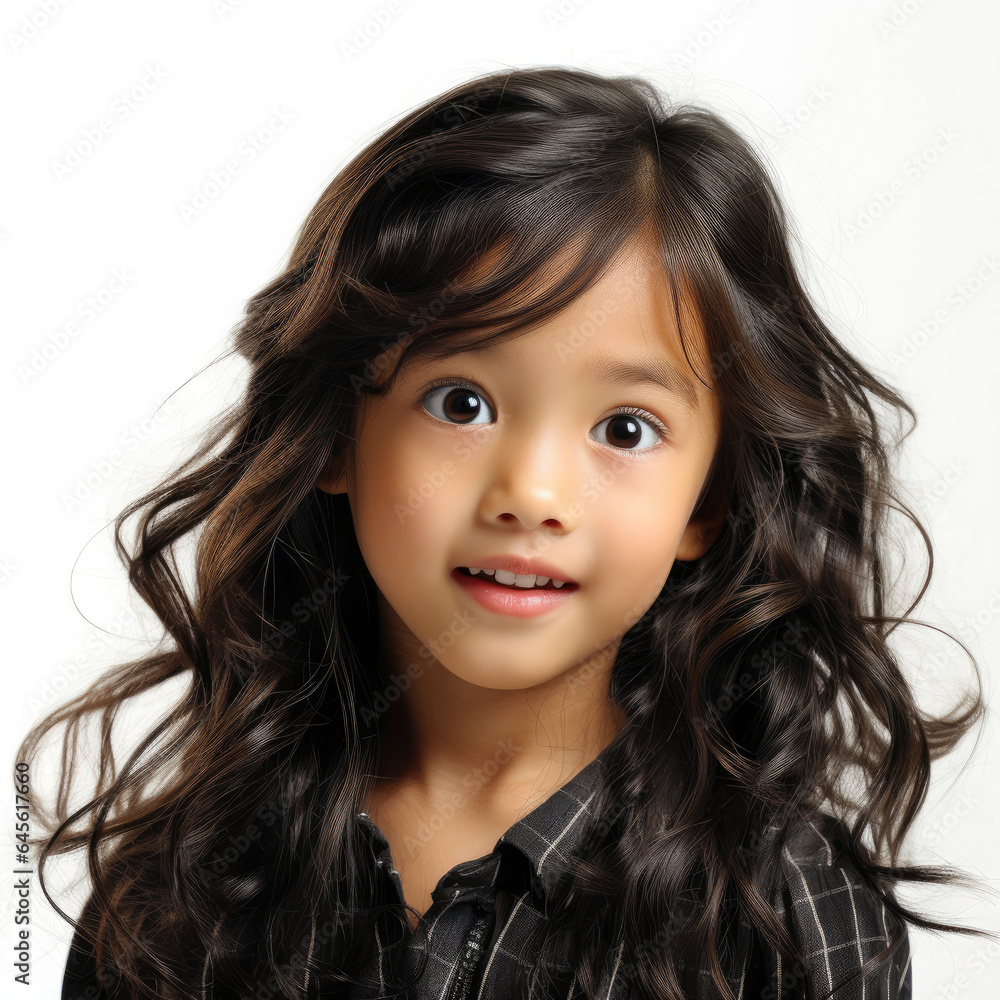 Professional studio head shot of a jolly 8-year-old Southeast Asian girl, eyes looking up left. Professional studio head shot of a jolly 8-year-old Southeast Asian girl, eyes looking up left.