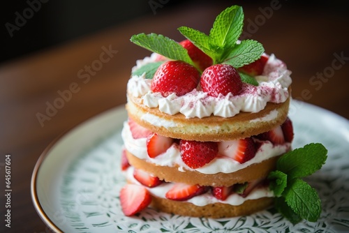 Strawberry cake with whipped cream and fresh strawberries on dark background.Generative Ai