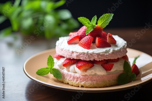 Strawberry cake with whipped cream and fresh strawberries on dark background.Generative Ai