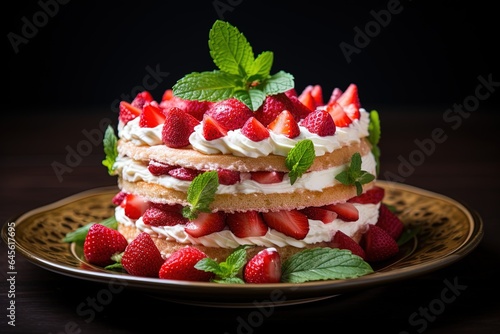 Strawberry cake with whipped cream and fresh strawberries on dark background.Generative Ai