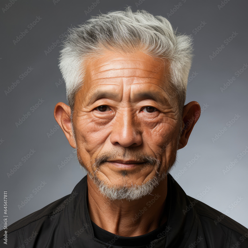 Fototapeta premium A stunning headshot of a 51-year-old East Asian man who looks impressed.