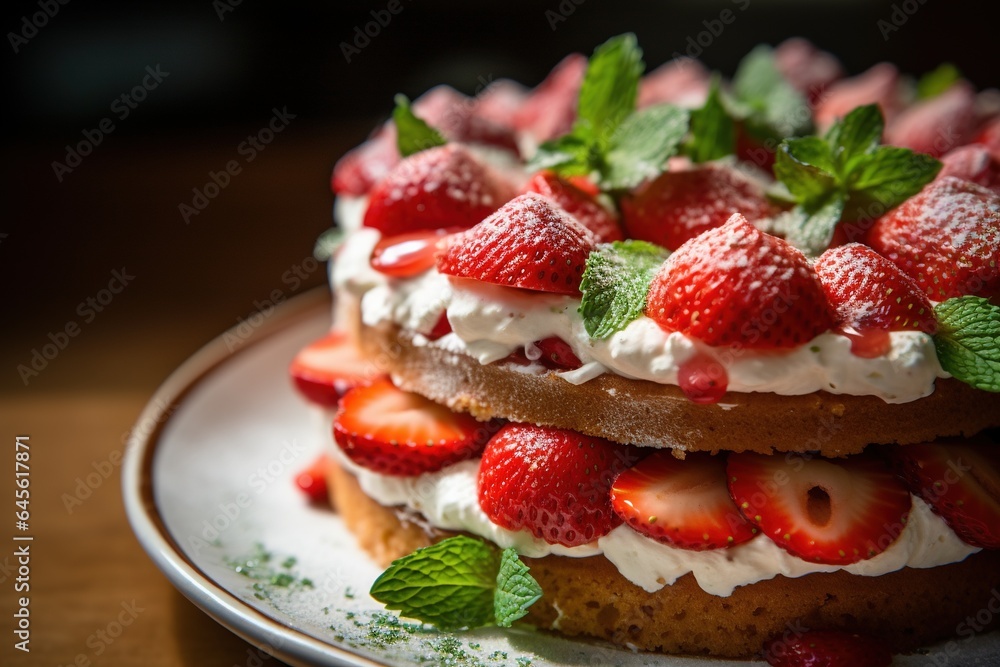Strawberry cake with whipped cream and fresh strawberries on dark background.Generative Ai Strawberry cake with whipped cream and fresh strawberries on dark background.Generative Ai