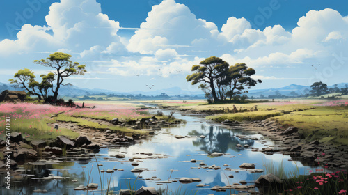 Hyper-realistic fantasy marsh in spring with calm waters, singing birds, and swaying reeds. © GraphicsRF