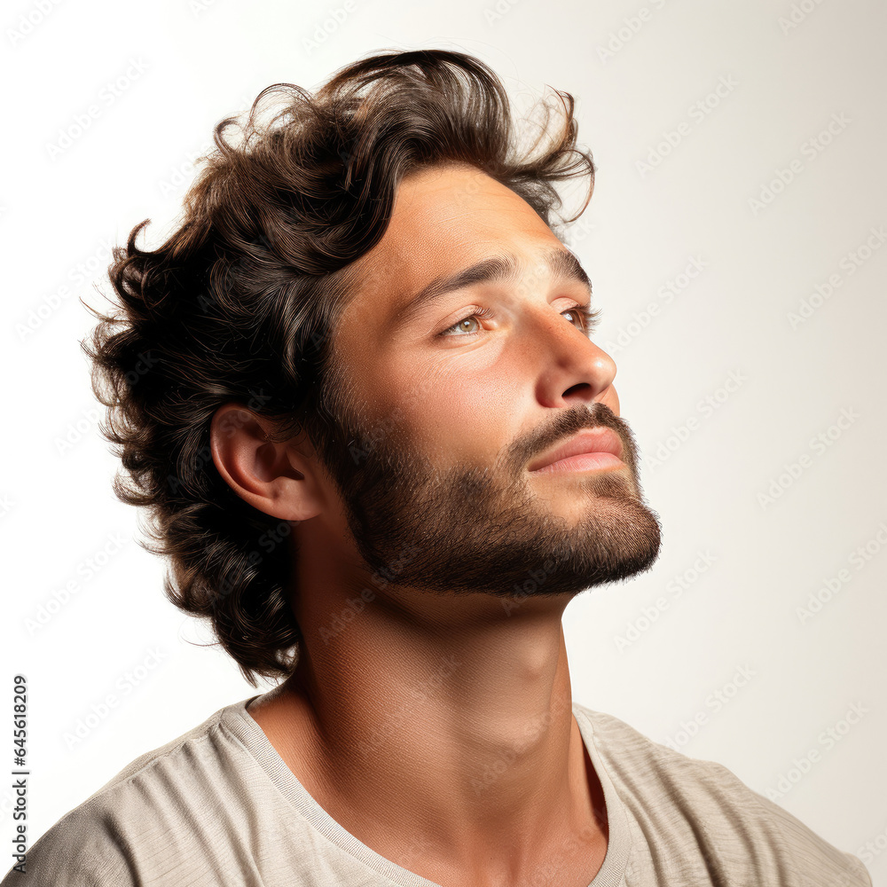 Professional studio head shot of a dreamy 30-year-old Middle Eastern boy, eyes looking up right. Professional studio head shot of a dreamy 30-year-old Middle Eastern boy, eyes looking up right.