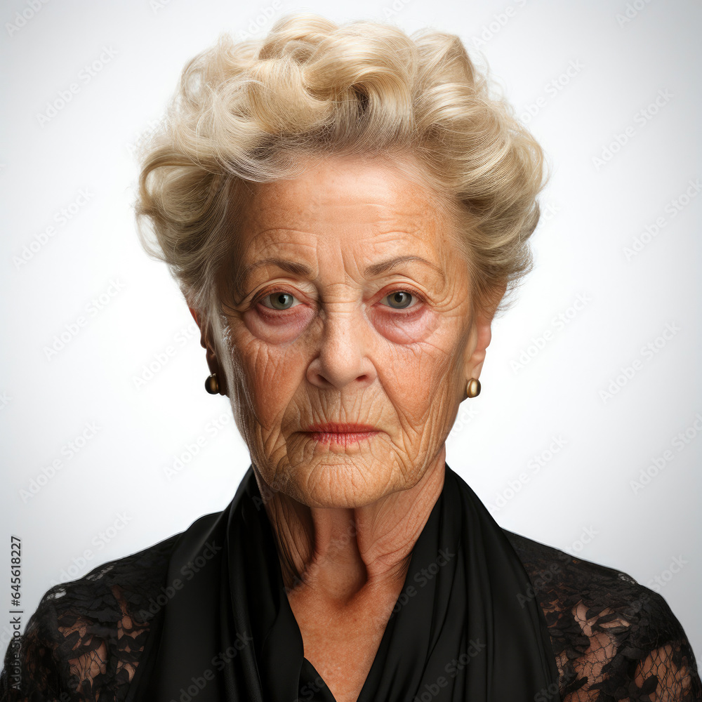 An exquisite studio headshot capturing the sulking expression of an 88-year-old Caucasian woman. An exquisite studio headshot capturing the sulking expression of an 88-year-old Caucasian woman.