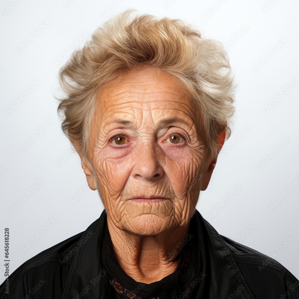 An exquisite studio headshot capturing the sulking expression of an 88-year-old Caucasian woman. An exquisite studio headshot capturing the sulking expression of an 88-year-old Caucasian woman.