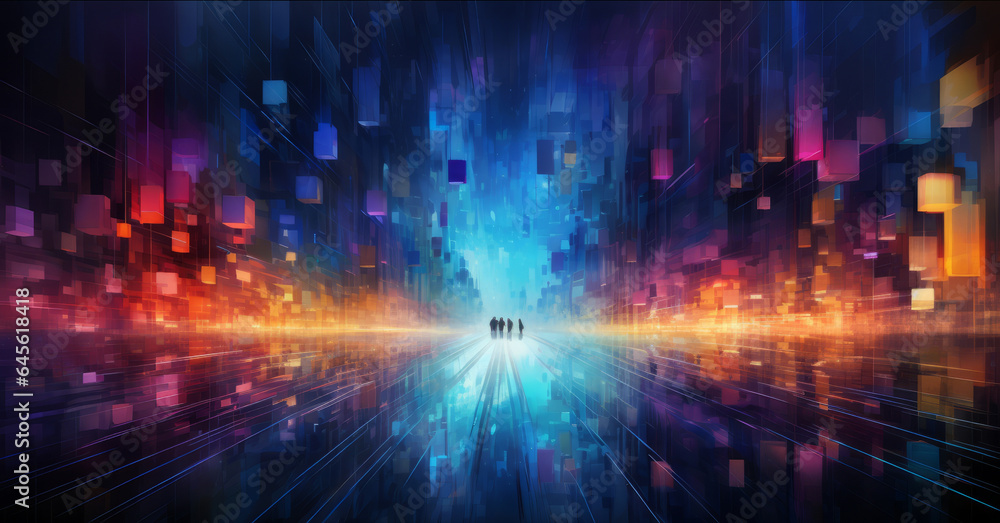 Digital illustration of people walking on the road with city lights in the background