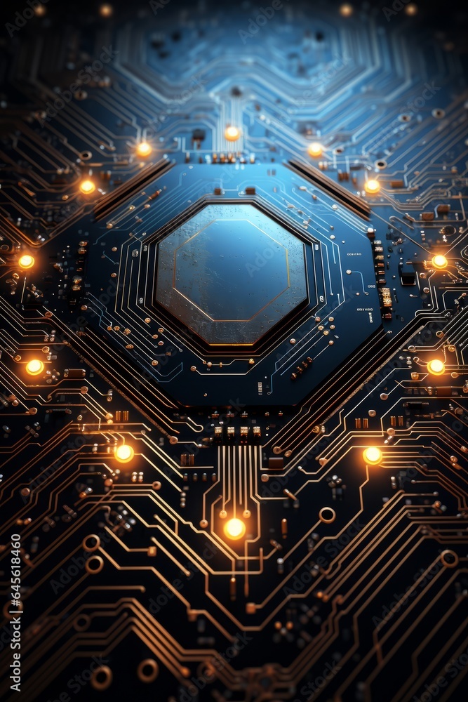 Close up of electronic circuit board. Technology background. 3D Rendering