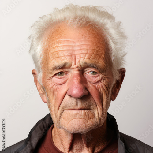 Professional studio head shot of an intrigued 84-year-old Caucasian man, eyes looking right.