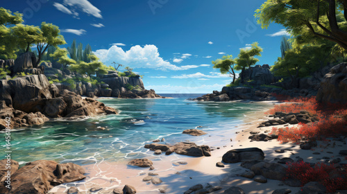 Hyper-realistic fantasy beach in spring with gentle waves, green trees, soft sand, and sun-warmed rocks.