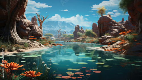 A hyper-realistic fantasy desert oasis surrounded by dunes, palm trees, and a small pond that reflects the sky, creating a serene setting.