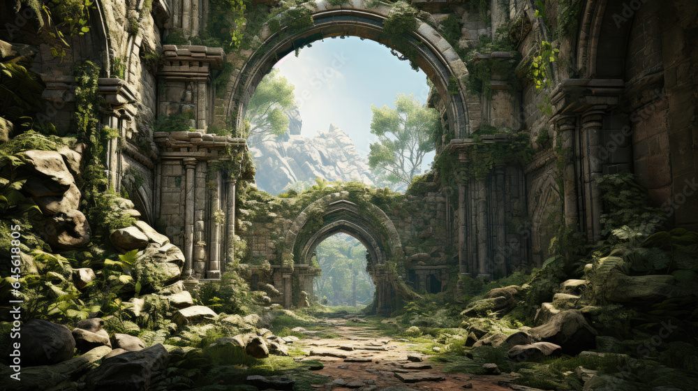 Stone walls crumble, fallen pillars lie scattered in forgotten ruins.