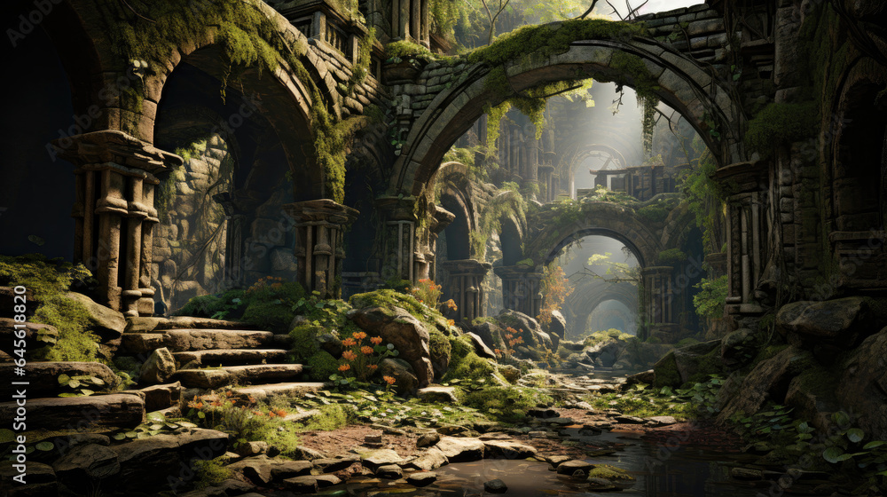 Stone walls crumble, fallen pillars lie scattered in forgotten ruins.