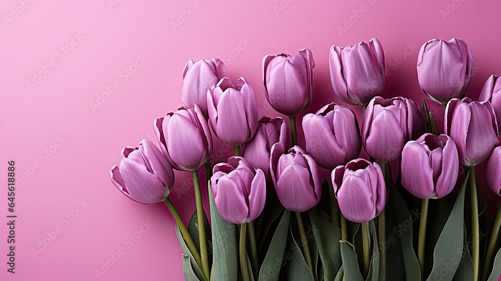 Fototapeta premium tulips on purple background, copy space