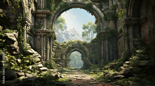 Stone walls crumble  fallen pillars lie scattered in forgotten ruins.