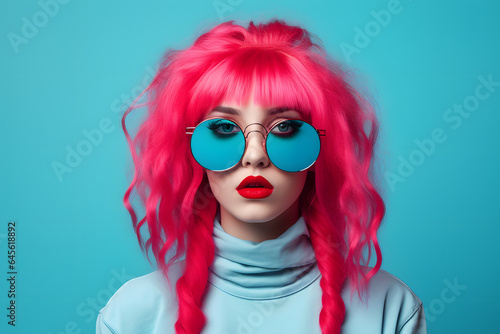 Colorful studio portrait of a cool teenager girl with age specific outfit and accessories. Bold, vibrant and minimalist. Generative AI