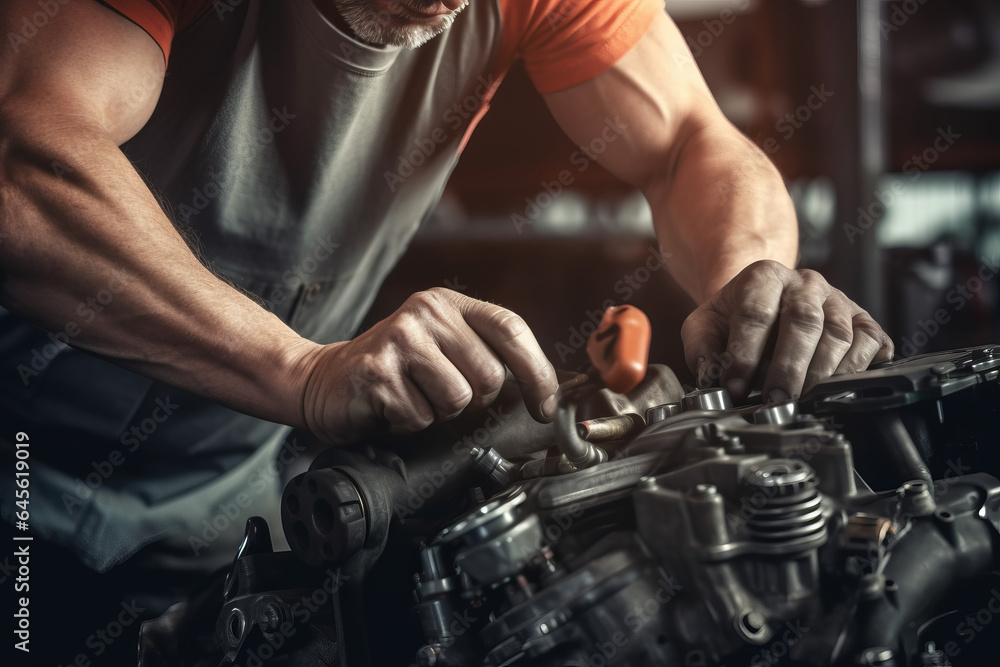 Auto mechanic working on car engine in mechanics garage. Repair service Auto mechanic working on car engine in mechanics garage. Repair service