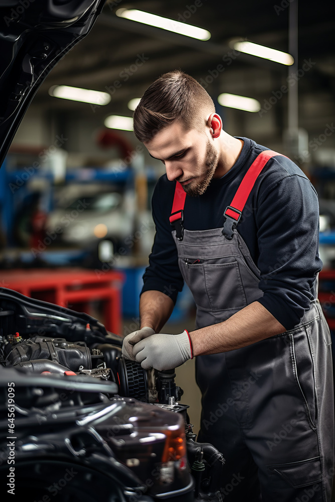 Auto mechanic working on car engine in mechanics garage. Repair service Auto mechanic working on car engine in mechanics garage. Repair service