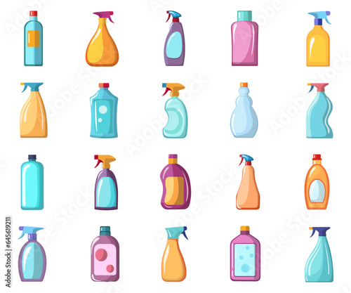 Household chemicals bottle vector illustration flat icon set on white background. Contains like detergent  cleaner  washing powder and softener.