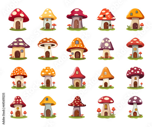 Set of fantasy mushroom house cartoon illustration. Magic fairy tale characters, fantasy plants and vegetables building.