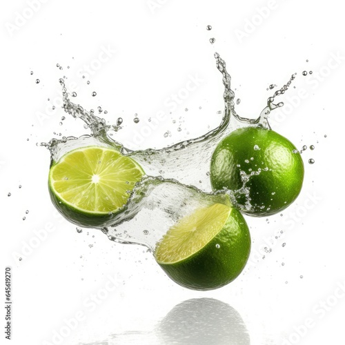 Lime and water splash on white background
