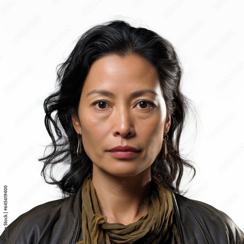 Professional head shot of a 45-year-old Southeast Asian woman looking concerned with her eyes down left, while giving a thumbs up. Professional head shot of a 45-year-old Southeast Asian woman looking concerned with her eyes down left, while giving a thumbs up.