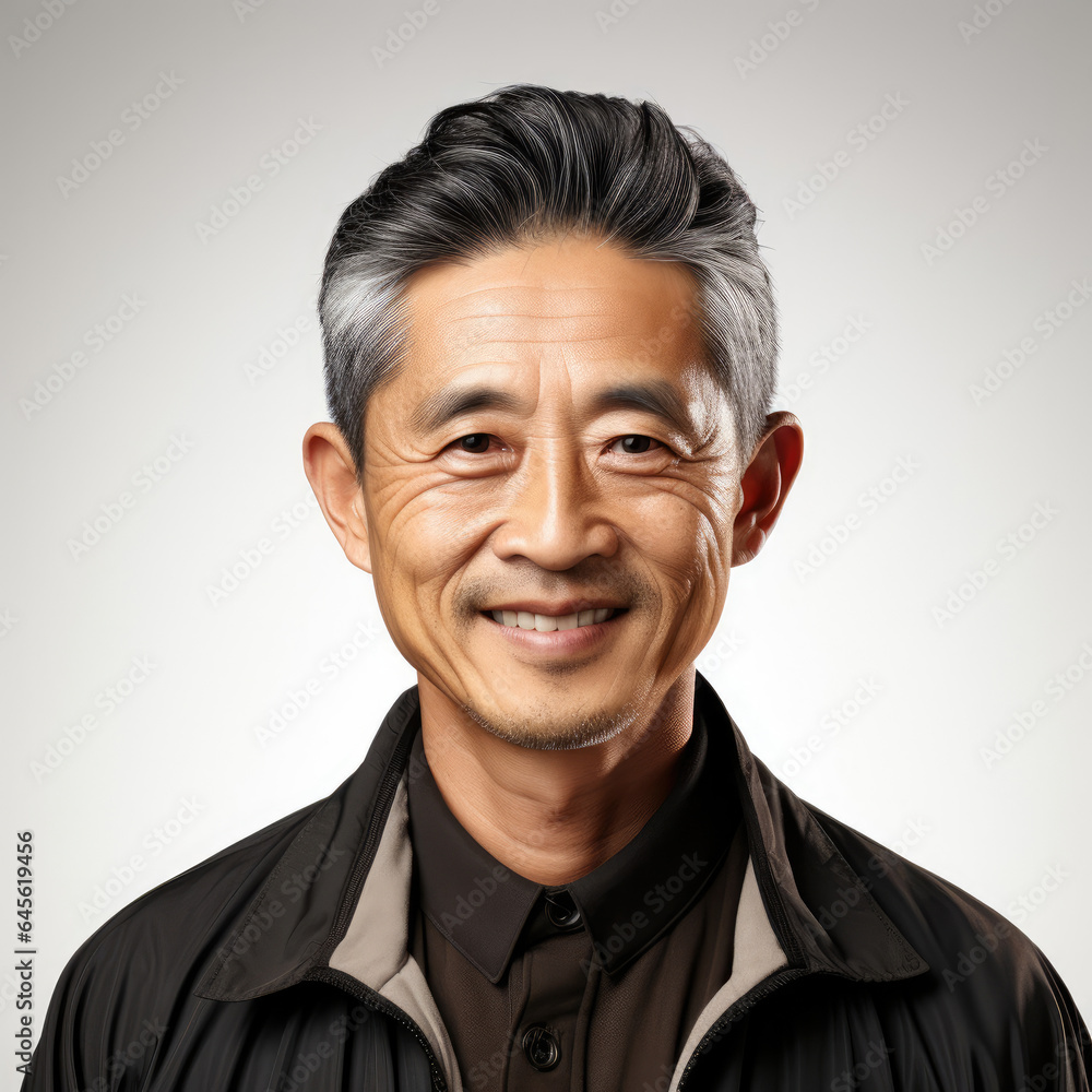 A full head shot of a 50-year-old East Asian man with a warm smile in an elegant studio setting. A full head shot of a 50-year-old East Asian man with a warm smile in an elegant studio setting.
