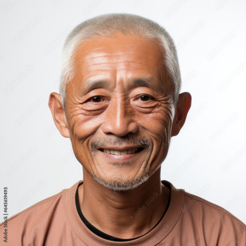 A 51-year-old East Asian man with a full head shot, smiling and looking down left. A 51-year-old East Asian man with a full head shot, smiling and looking down left.
