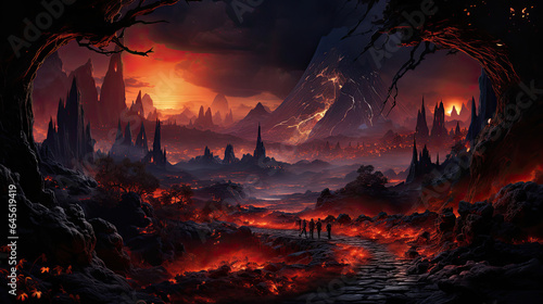 Hyper-realistic fantasy volcano with lava flowing down in twilight, surrounded by blackened rocks.