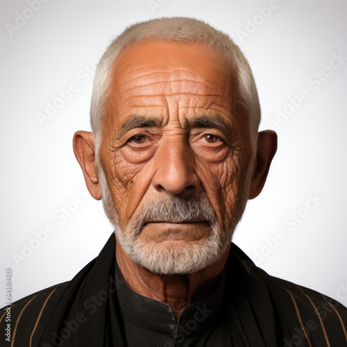 Professional studio head shot of a reserved 78-year-old South Asian man, eyes looking down.