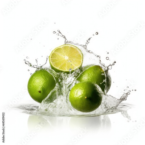 Lime and water splash on white background
