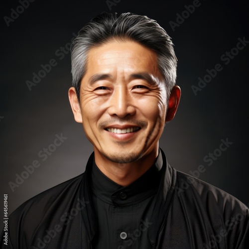 A full head shot of a 50-year-old East Asian man with a warm smile in an elegant studio setting. © GraphicsRF