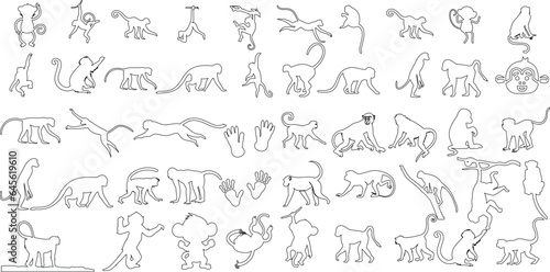 Monkey Line Drawing, Simian Sketch, Primate Artwork. This vector illustration features  simple, yet captivating line drawing of monkies. Perfect for animal-themed designs, educational materials