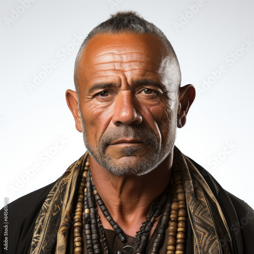 Professional studio head shot of a 56-year-old Polynesian man  looking down with anticipation.