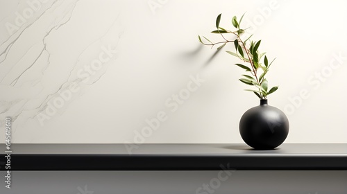 a black vase with a plant on a shelf