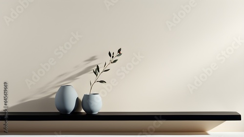 two vases on a shelf with a plant in the shadow