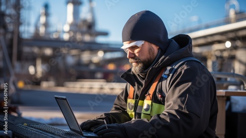 Factory worker in oil refinery using laptop computer for maintenance work