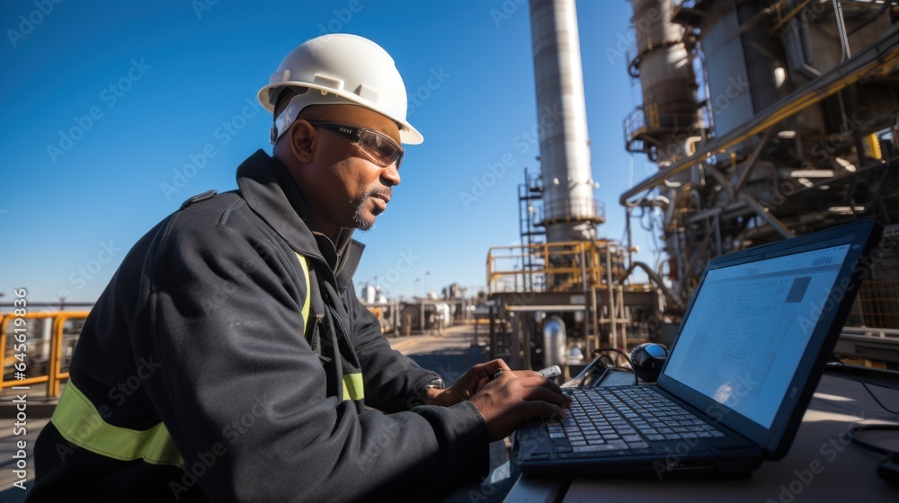 Factory worker in oil refinery using laptop computer for maintenance work Factory worker in oil refinery using laptop computer for maintenance work