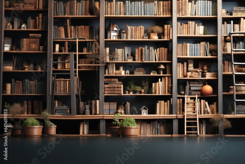Bookshelf with books on dark wall background. 3d render