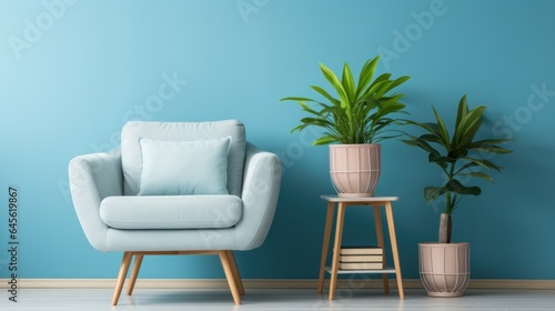Cozy armchair, shelves and houseplants near a blue wall © sirisakboakaew