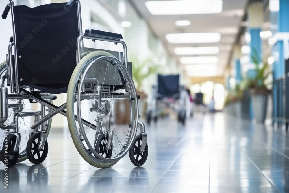 Wheel chairs parked in a hospital corridor Wheel chairs parked in a hospital corridor