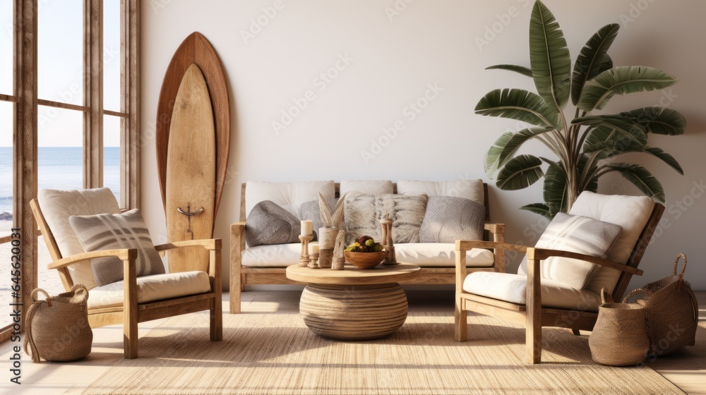 Fototapeta premium Comfortable wooden chairs with cushions and a fruit basket on a surfboard in the living room.