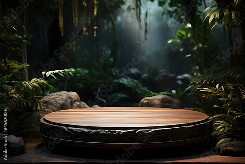 an empty wooden podium with a forest backdrop © Artwork Vector