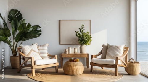 Comfortable wooden chairs with cushions and a fruit basket on a surfboard in the living room.