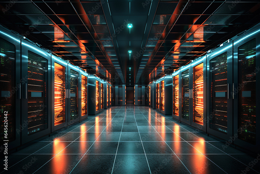 Server room with cabinets and computers with orange lights. Server room with cabinets and computers with orange lights.