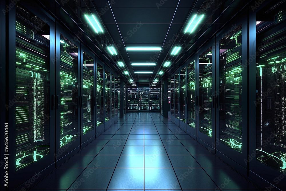 Server room with green colored lights. Room with cabinets and computers for data storage. Server room with green colored lights. Room with cabinets and computers for data storage.