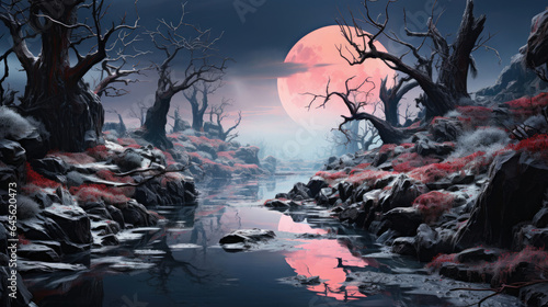 Hyper-realistic fantasy swamp in winter with frost-covered waters, leafless trees, and snow-draped rocks.