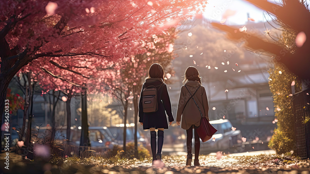 Sakura Serenity: Manga Girls Enjoying Park Walk