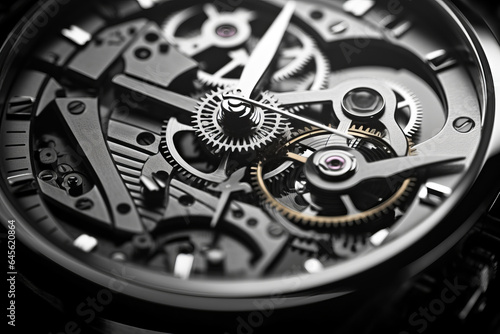 Black and white close view of watch mechanism