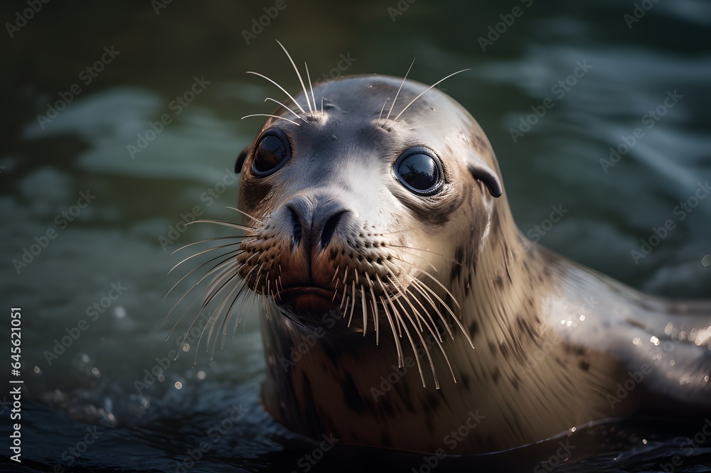 Fototapeta premium gray seal in the water with sparkling eyes watches everything